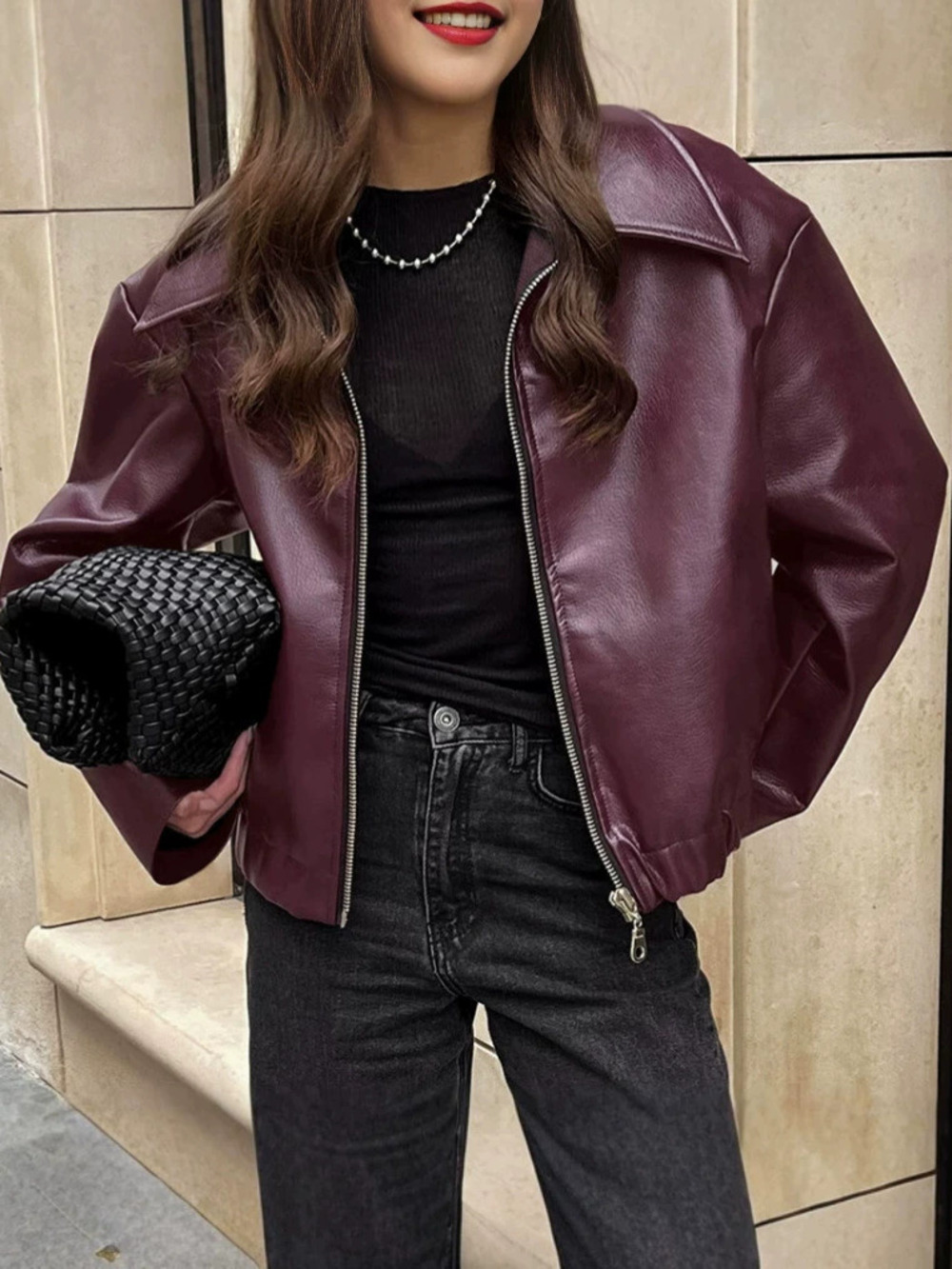 ZARA Womens American Retro Red Leather Lapel Jacket